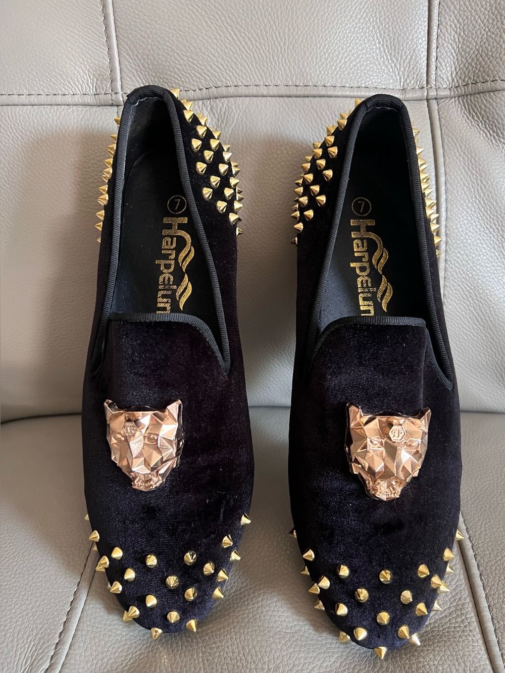 Harpelunde Spikes Velvet Men’s Loafers Sz 7 Wedding Shoes Gold Tone Velour Black